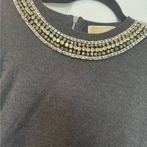Michael Kors Embellished Gray Sweater dress studded rhinestone neckline - Picture 3 of 7